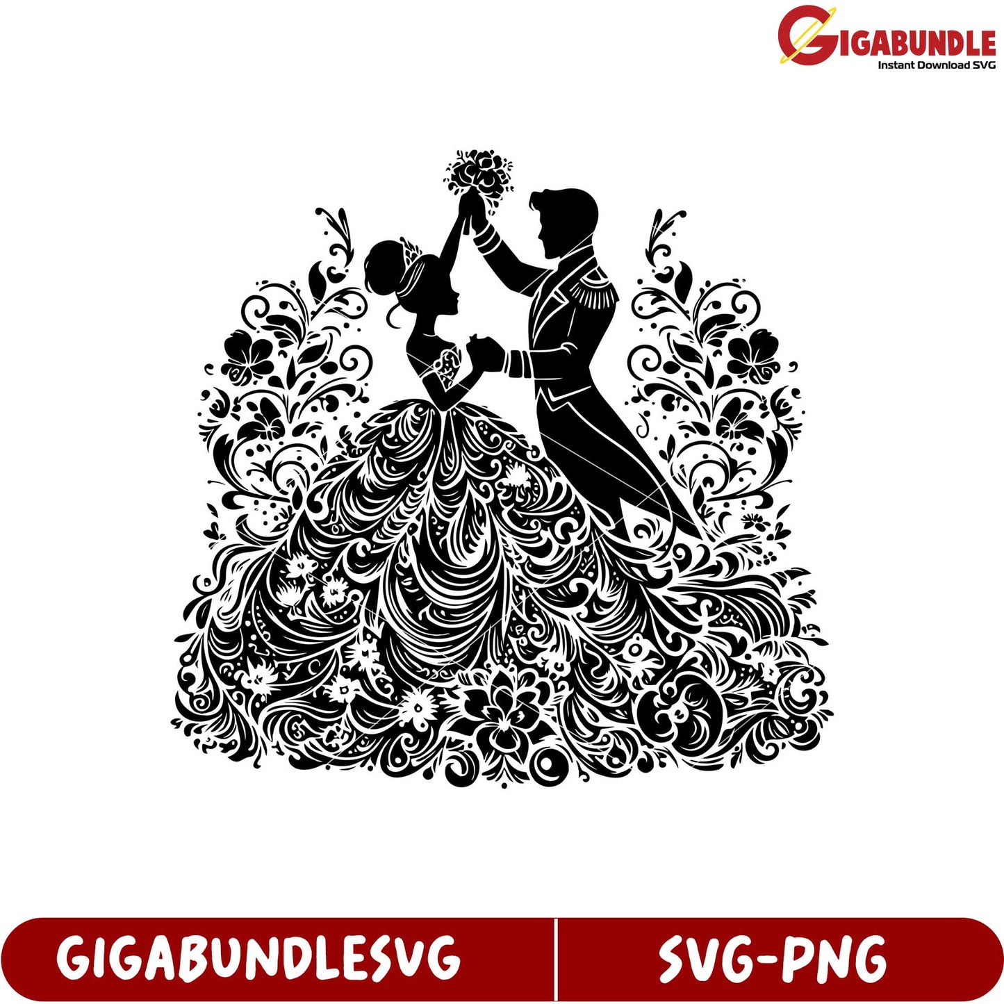 Elegant Wedding Couple Silhouette Design Floral SVG Download for Crafts