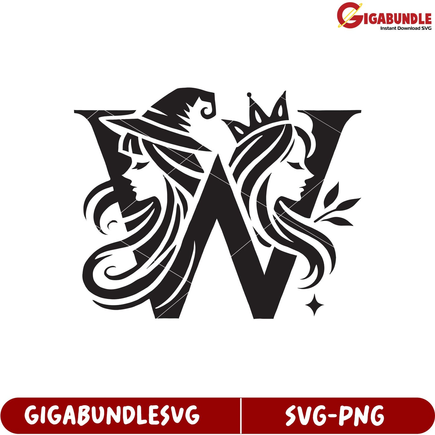 Elegant Witch and Princess Design Letter W SVG Product for Crafting