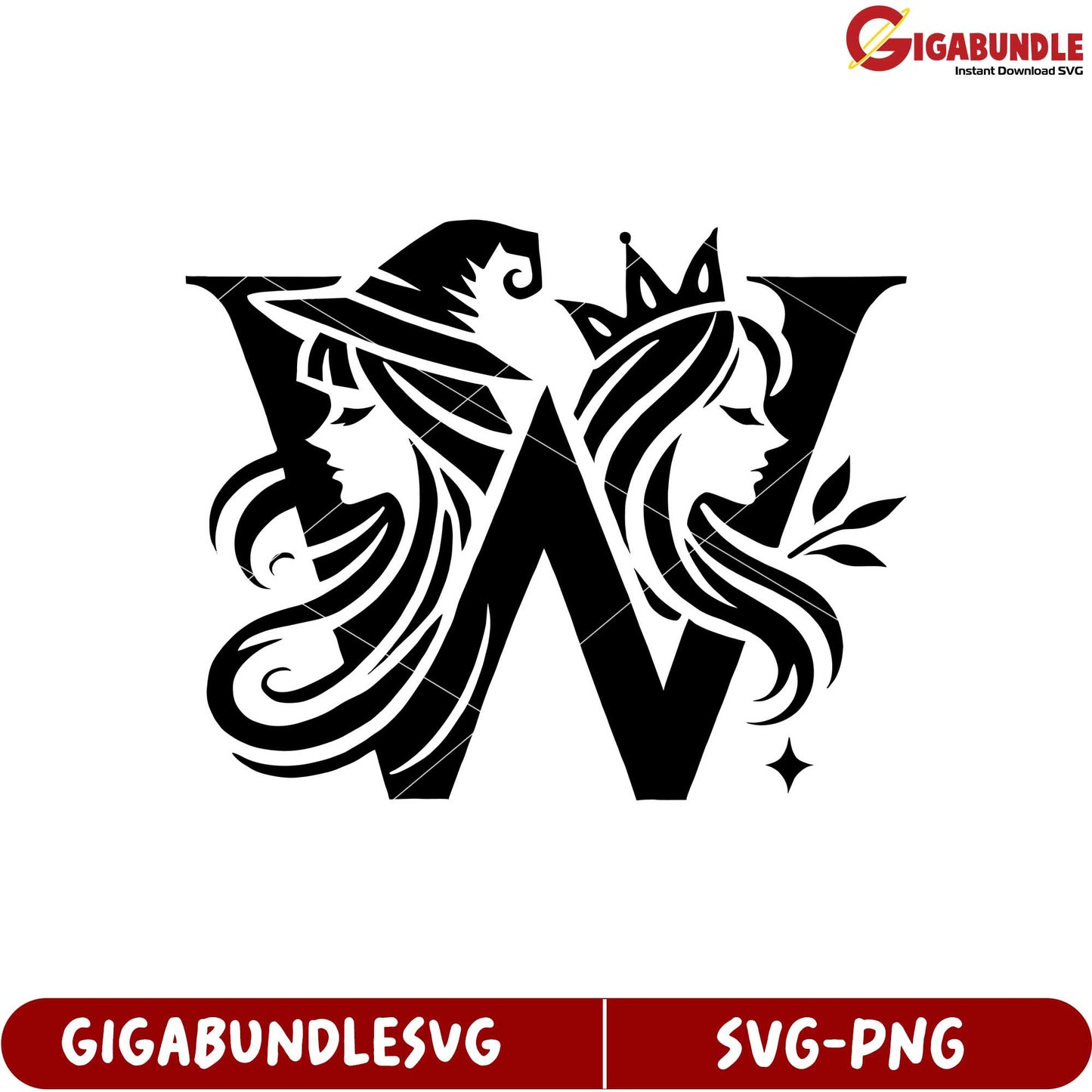 Elegant Witch and Queen Dual Face Letter W SVG Clipart Design