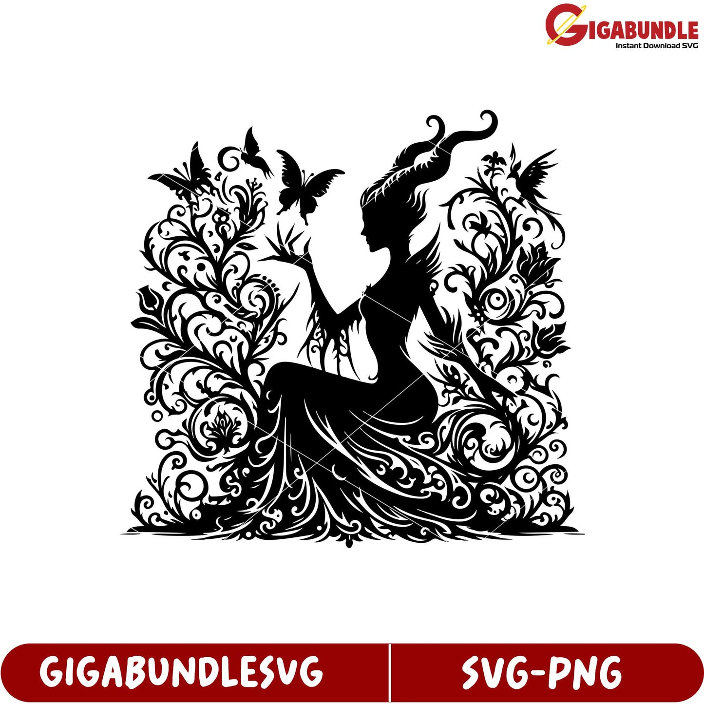 Elegant Woman Silhouette with Butterflies and Floral Detail SVG Art