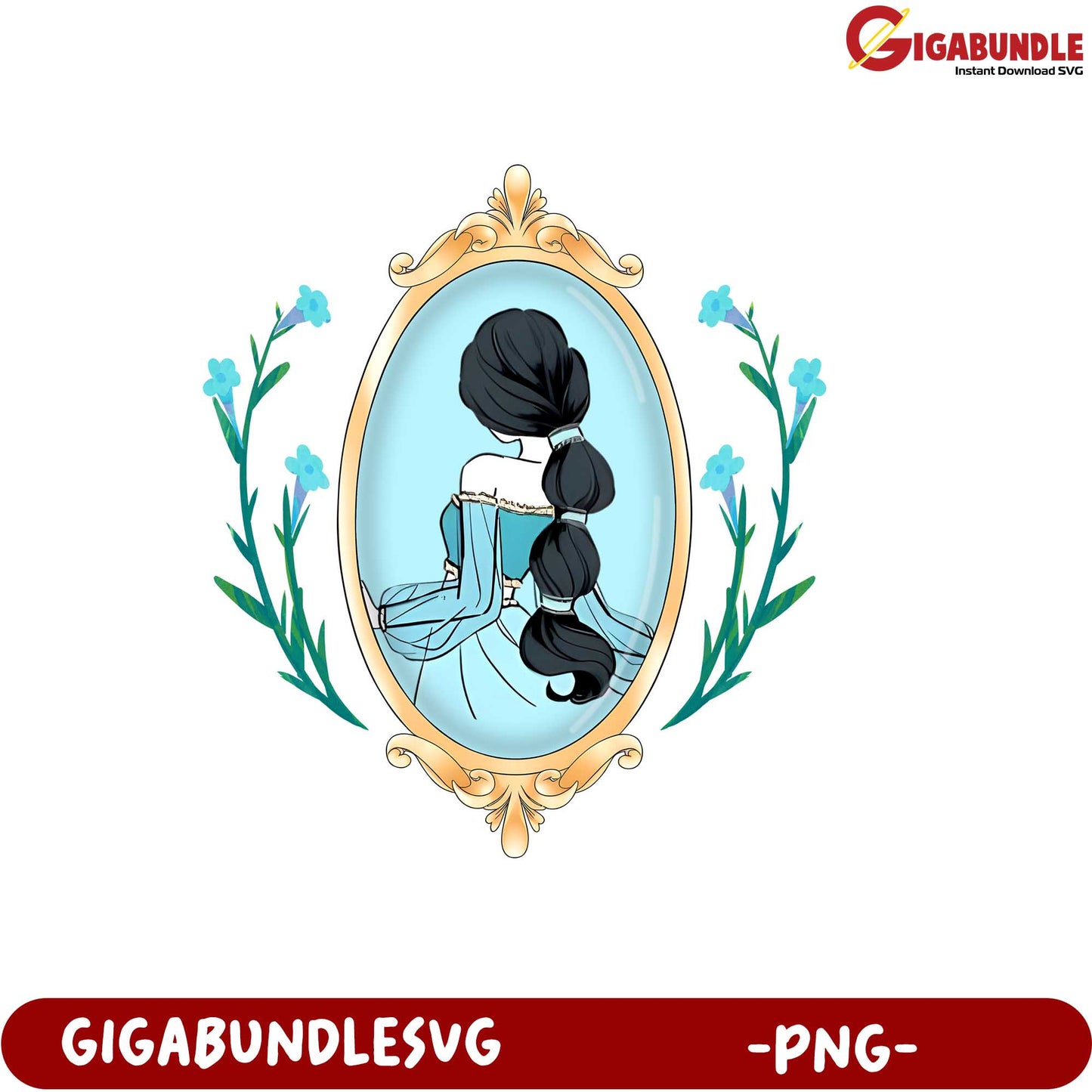 Elegant Woman in Blue Dress Vintage Frame PNG Downloadable Art