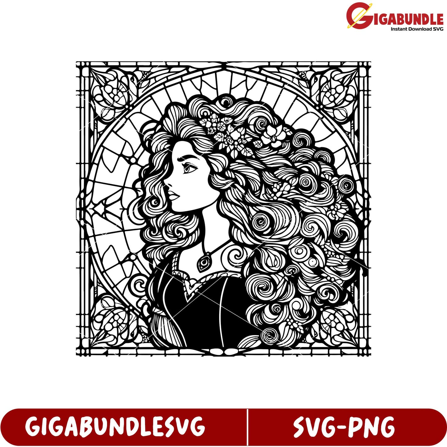 Elegant Woman with Curly Hair in Stained Glass SVG Outline Design