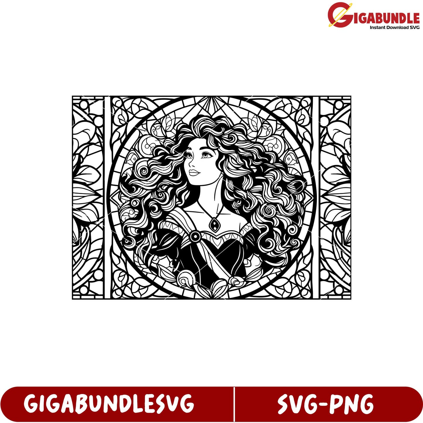 Elegant Woman with Flowing Hair in Intricate Stained Glass SVG Design