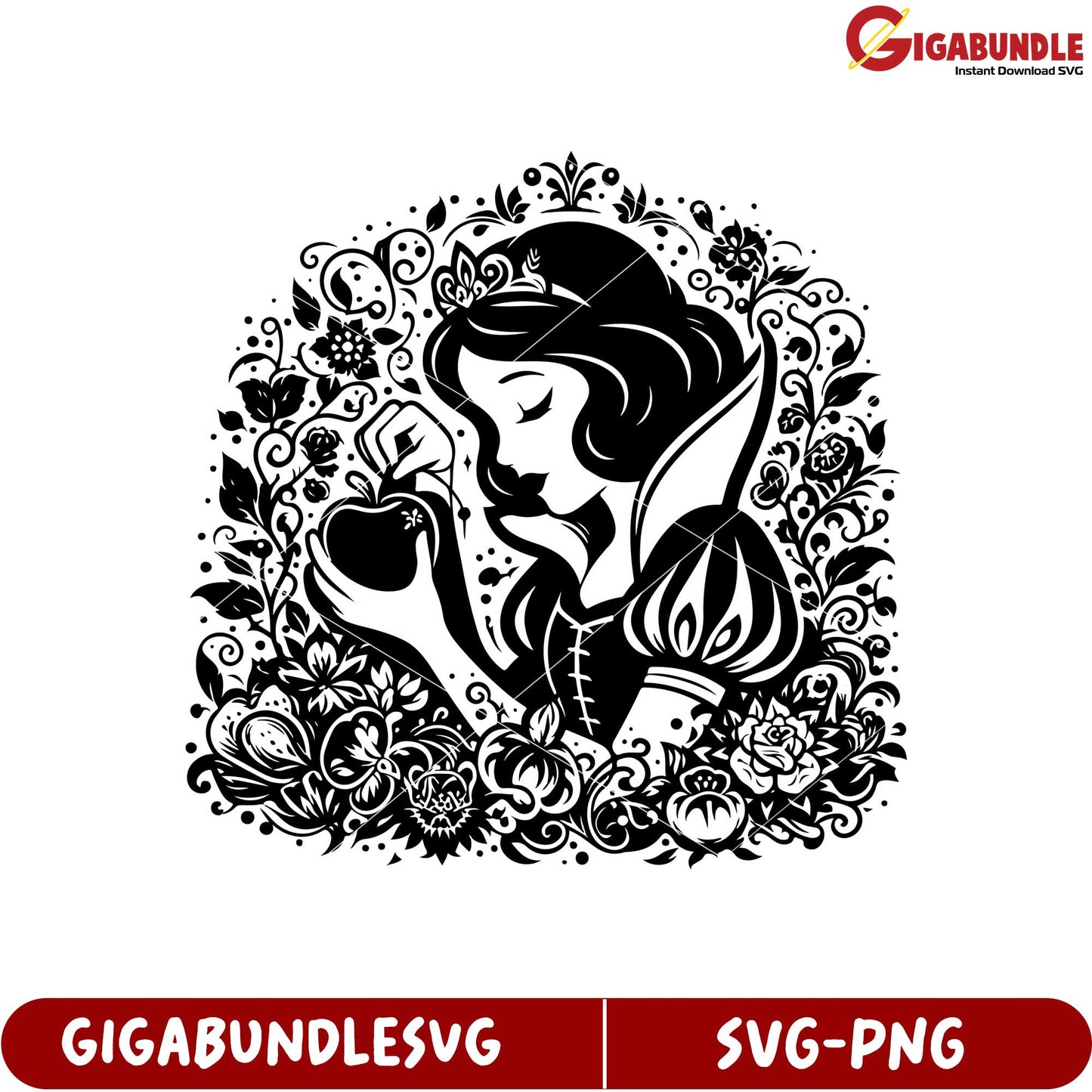 Enchanting Black and White SVG Princess with Apple and Floral Design