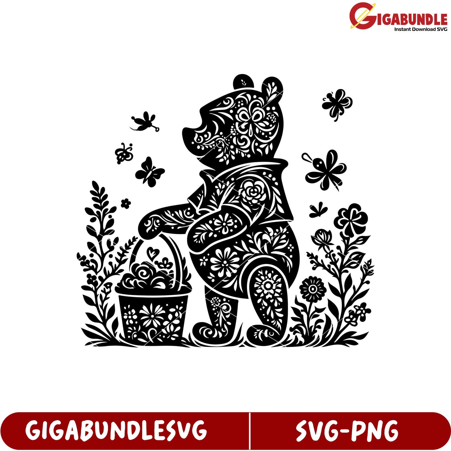 Floral Bear SVG Design with Basket and Butterflies for Craft Projects