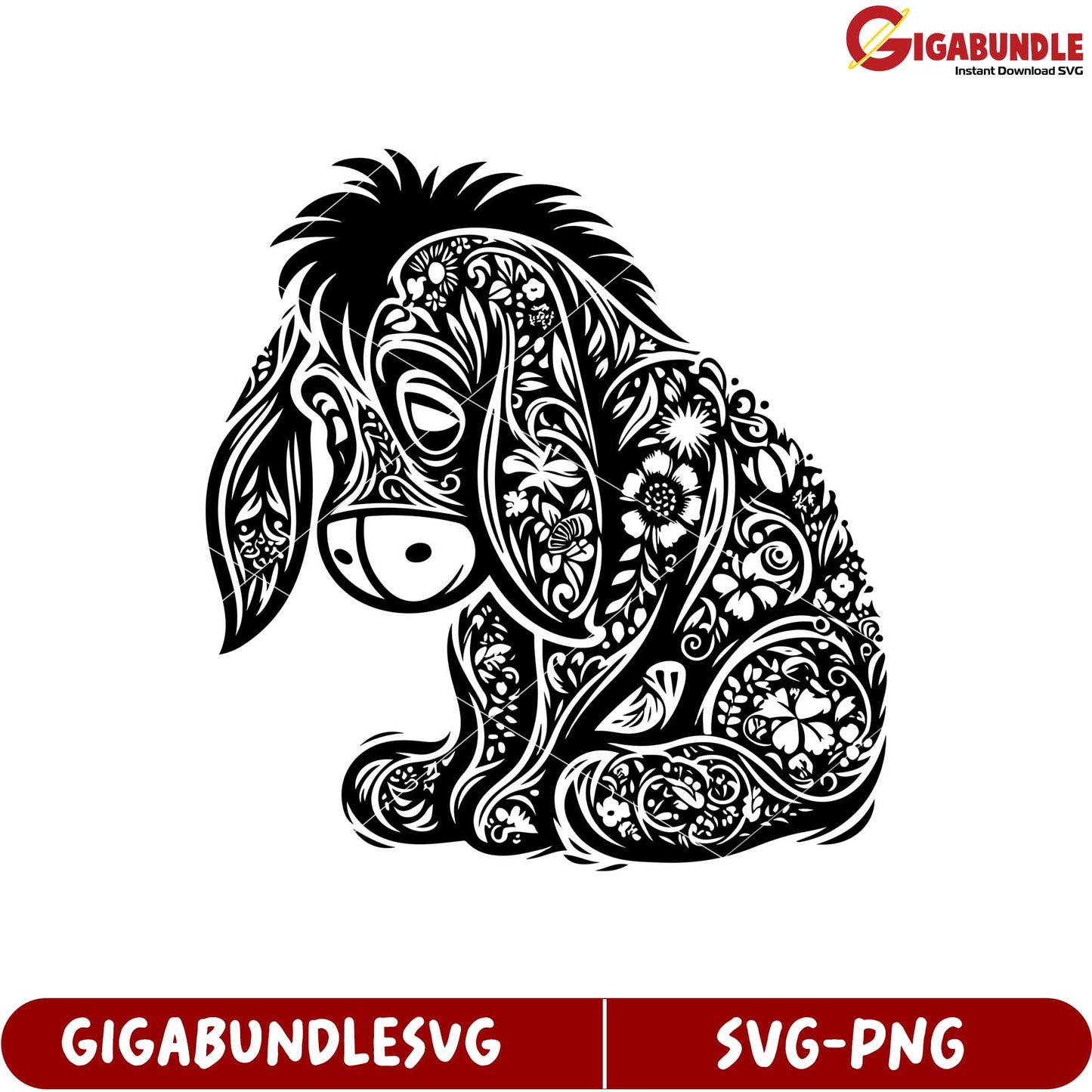Floral Patterned Donkey SVG Black and White Artistic Design Download