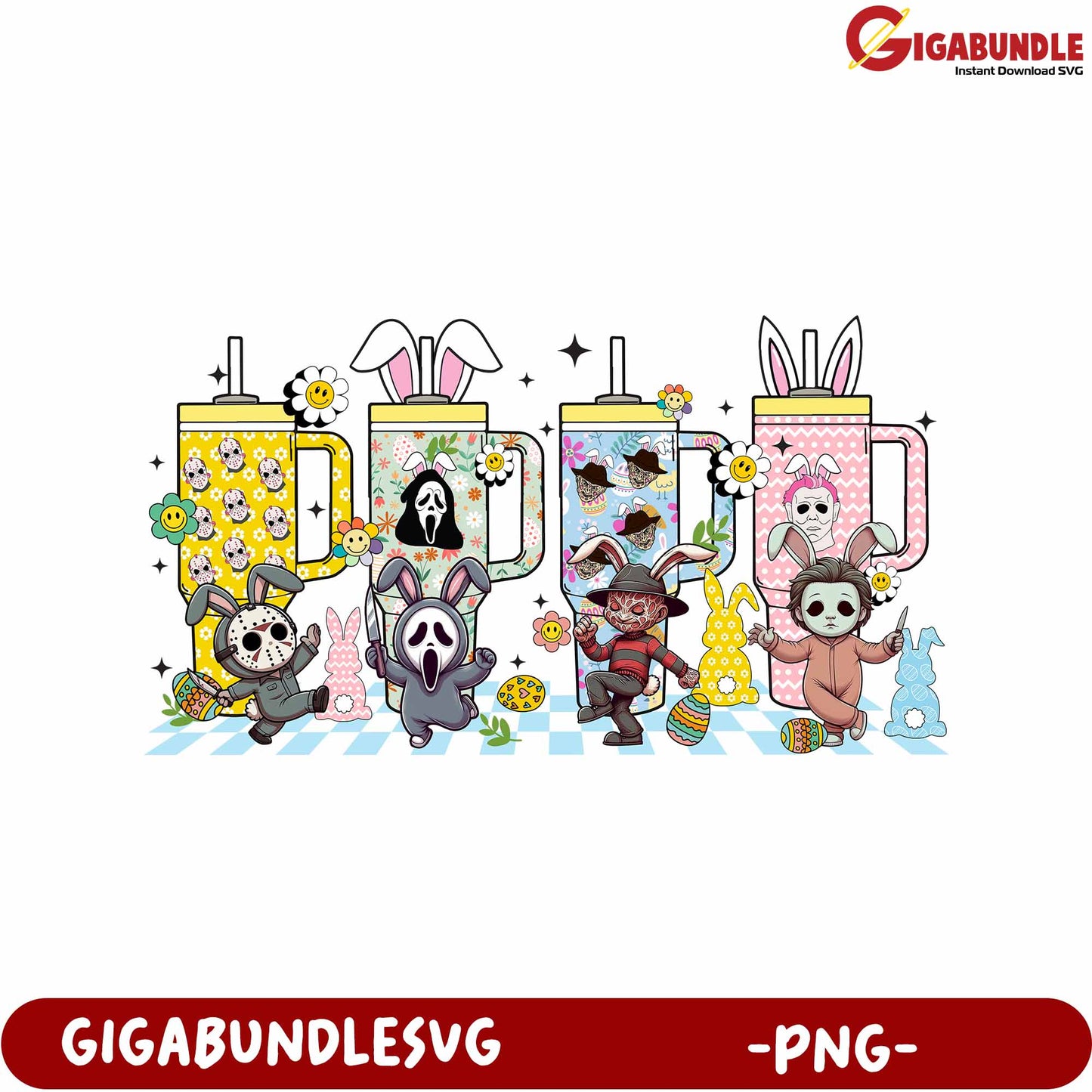 Fun Easter Characters with Colorful Drinks PNG Digital Design