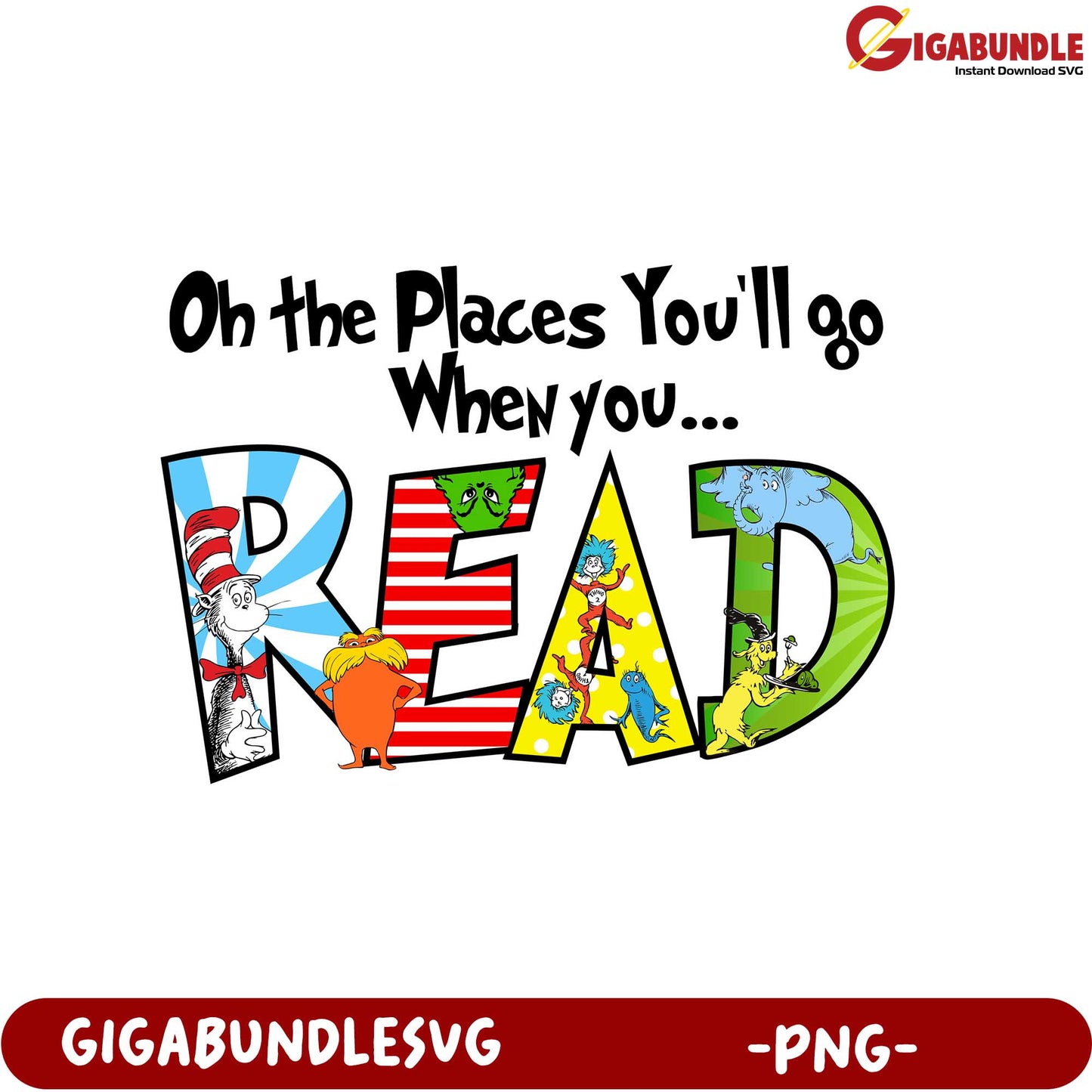 Fun and Colorful 'Oh the Places You'll Go' Reading PNG Art