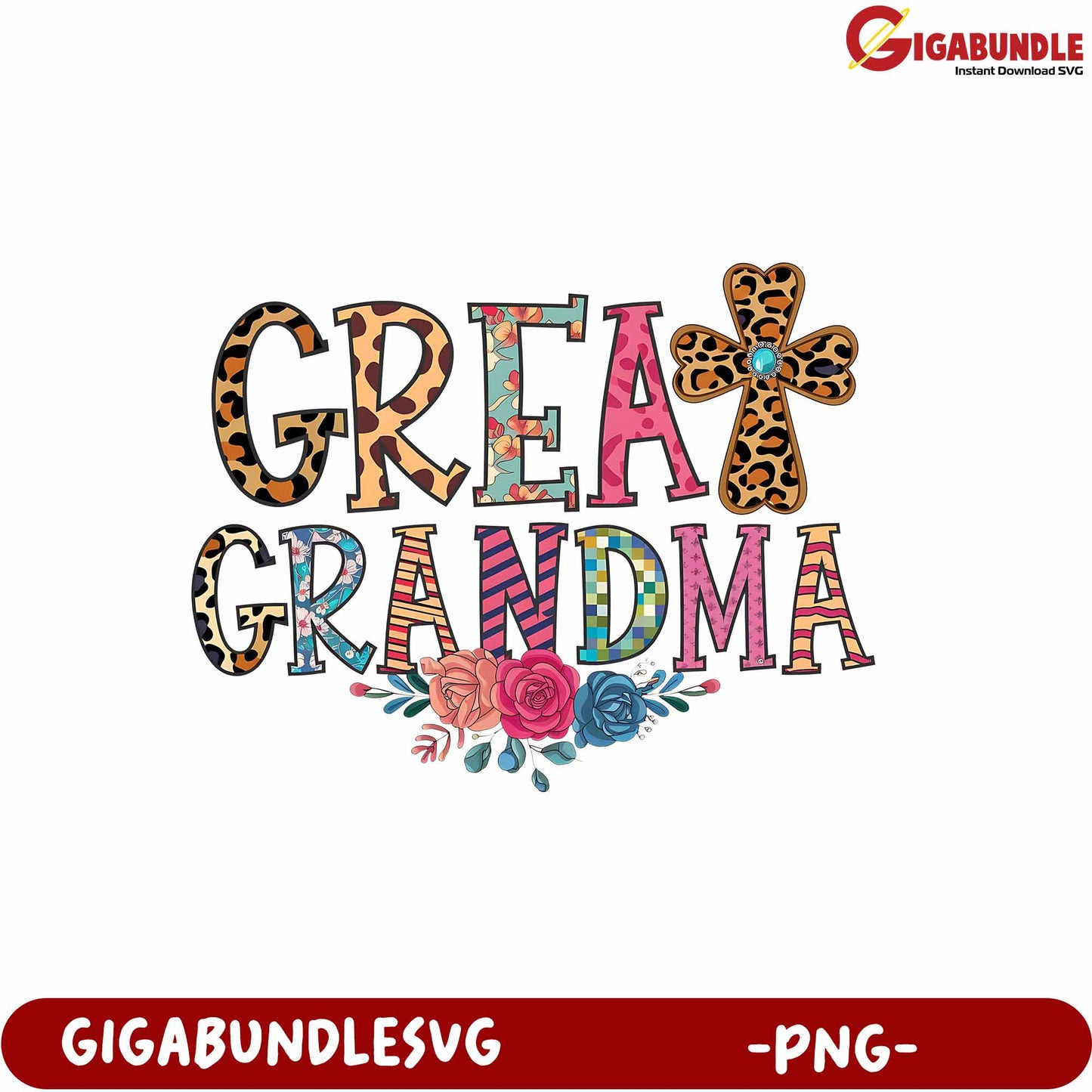 Great Grandma Colorful Floral Cross Design PNG for Creative Projects