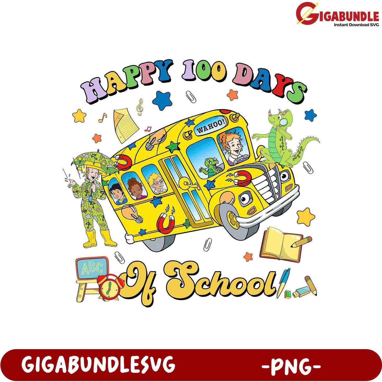 Happy 100 Days of School Fun - Colorful Bus PNG Design