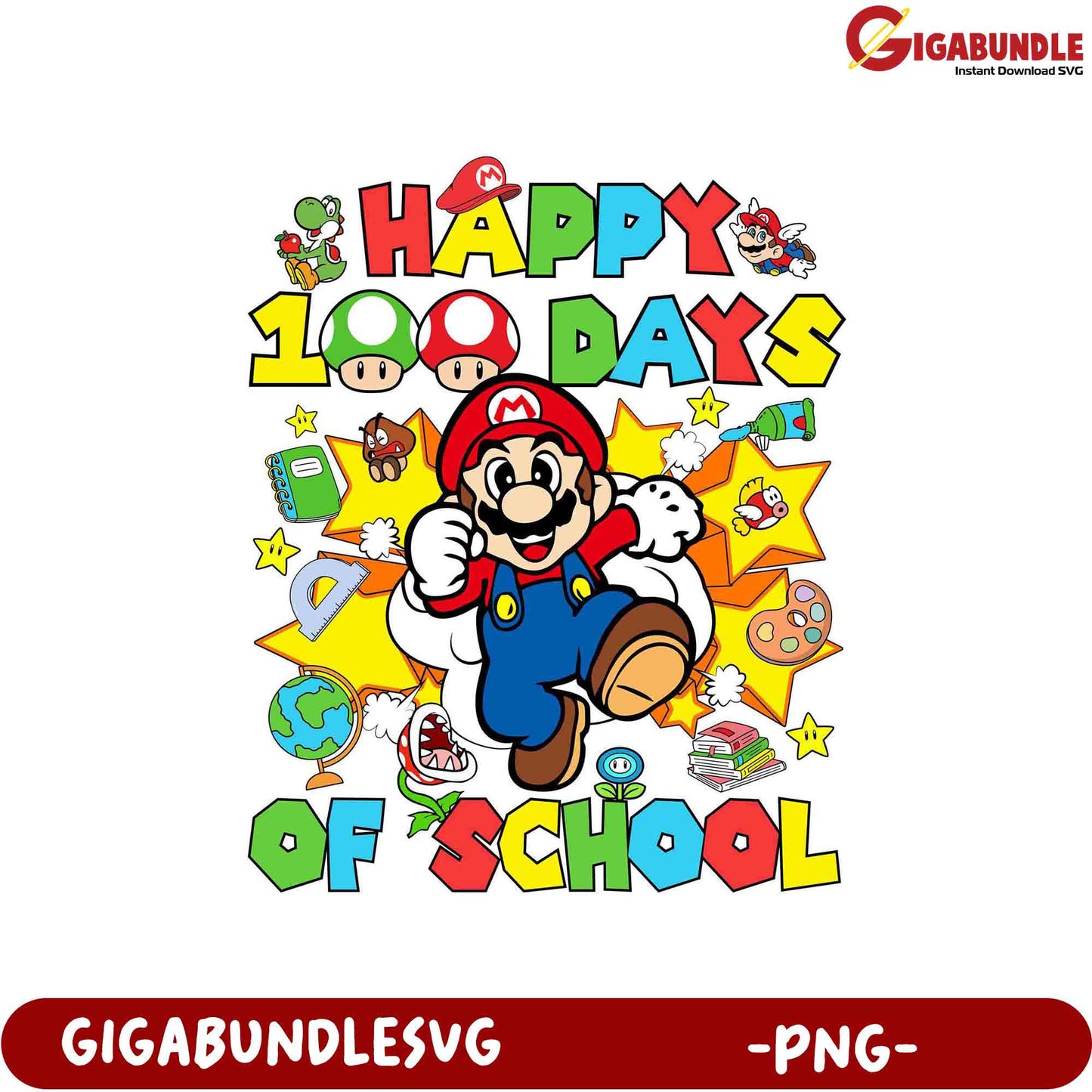 Happy 100 Days of School Mario PNG Clipart for Kids
