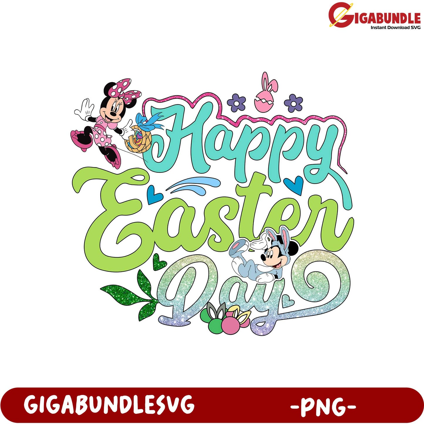 Happy Easter Day PNG Design with Mickey and Minnie Mouse Art
