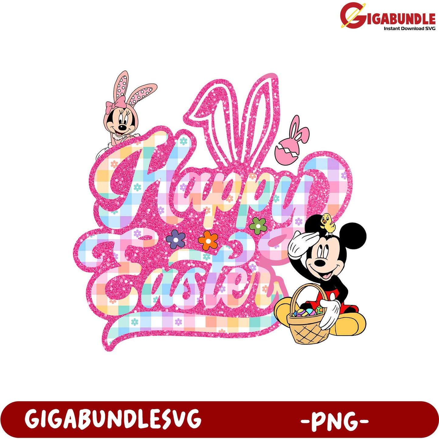 Happy Easter PNG Design Featuring Minnie and Mickey Mouse Art