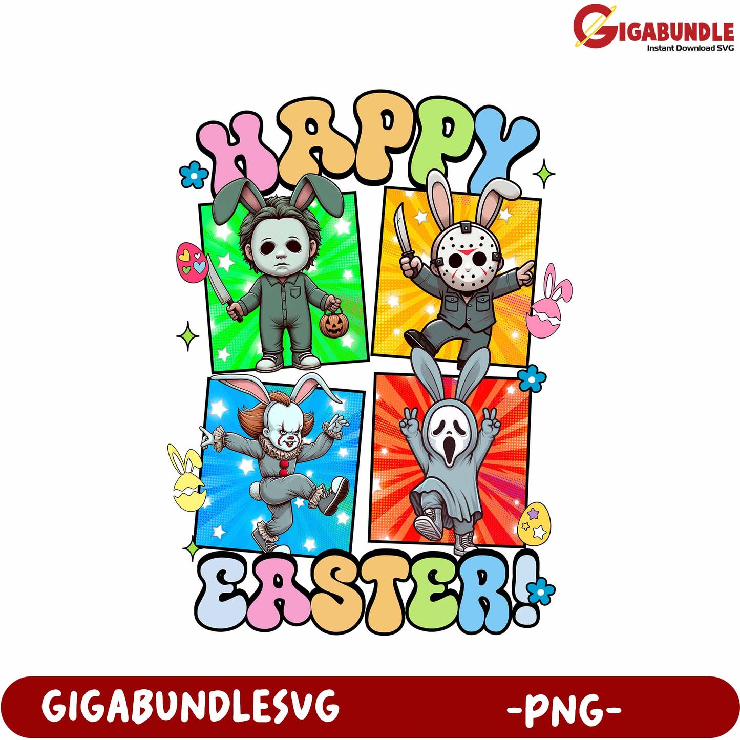 Happy Easter PNG Design with Iconic Horror Characters Fun!