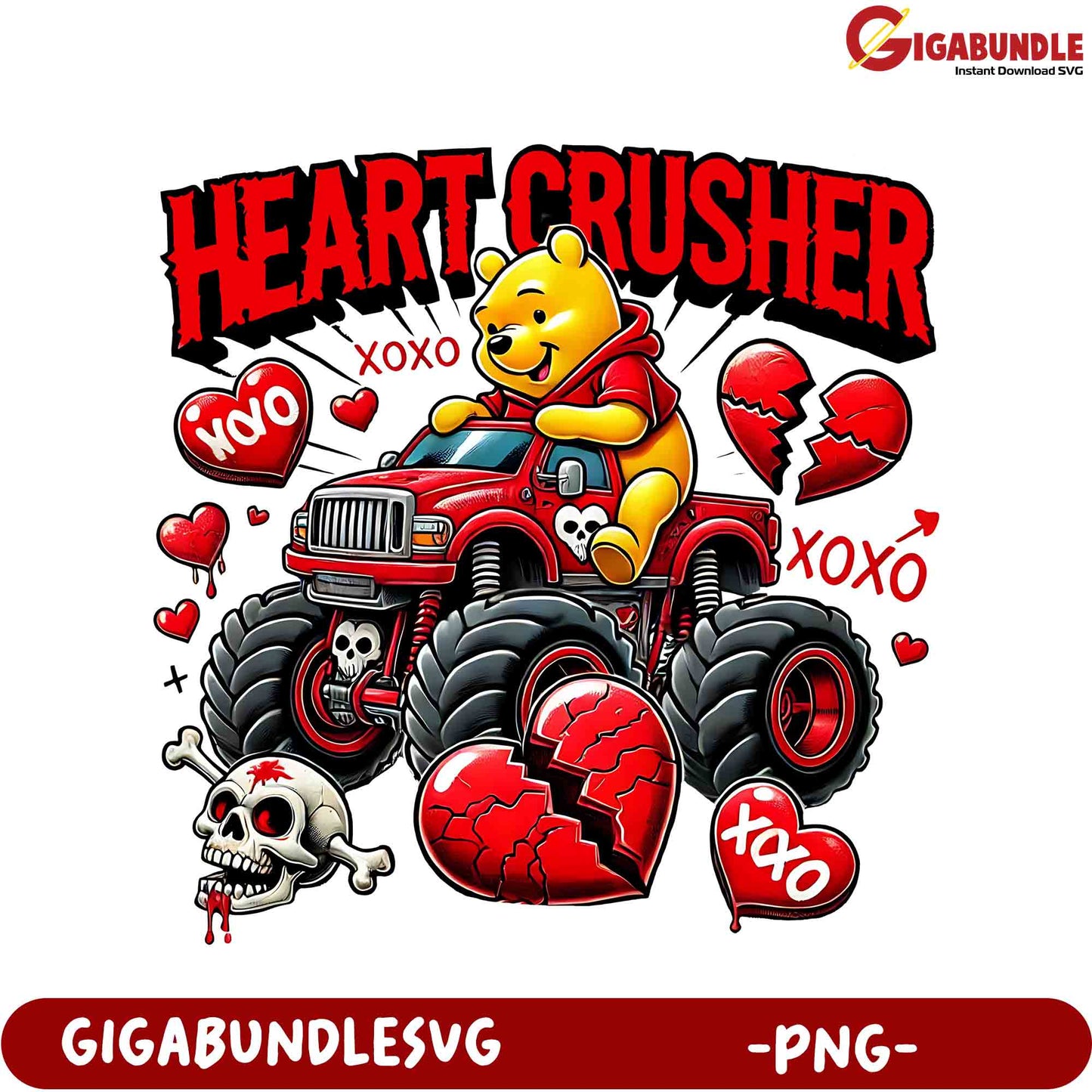 Heart Crusher PNG Art Cute Bear in Monster Truck with Broken Hearts