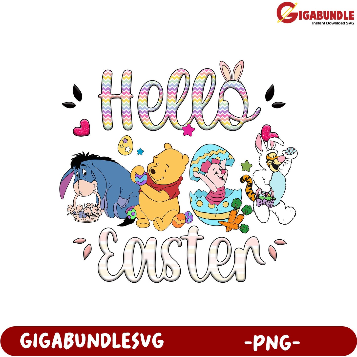 Hello Easter PNG Design with Winnie the Pooh Characters