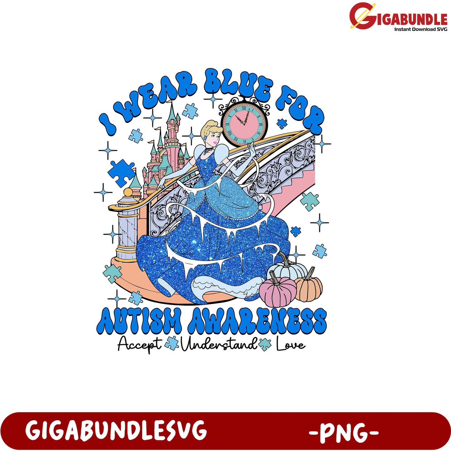 I Wear Blue for Autism Awareness Cinderella Artwork PNG Download