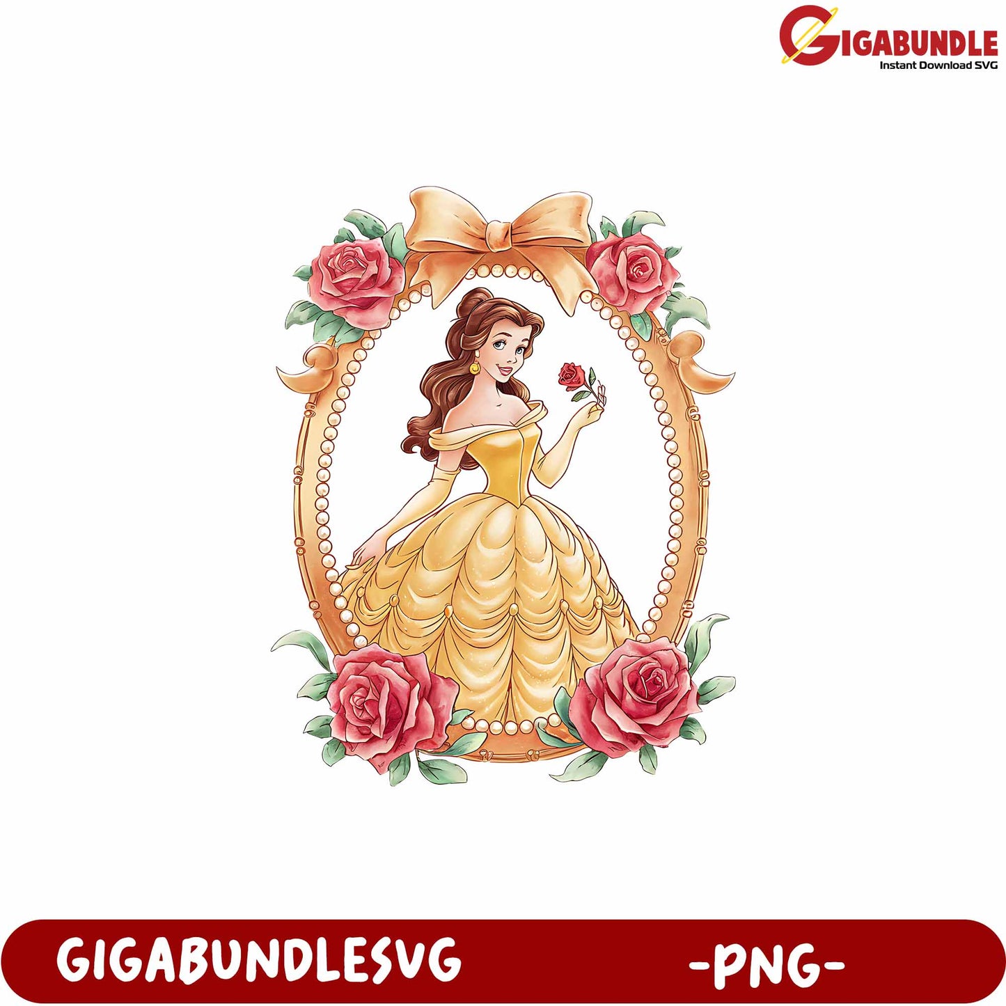Lovely Princess Belle Illustration with Roses PNG Format Artwork