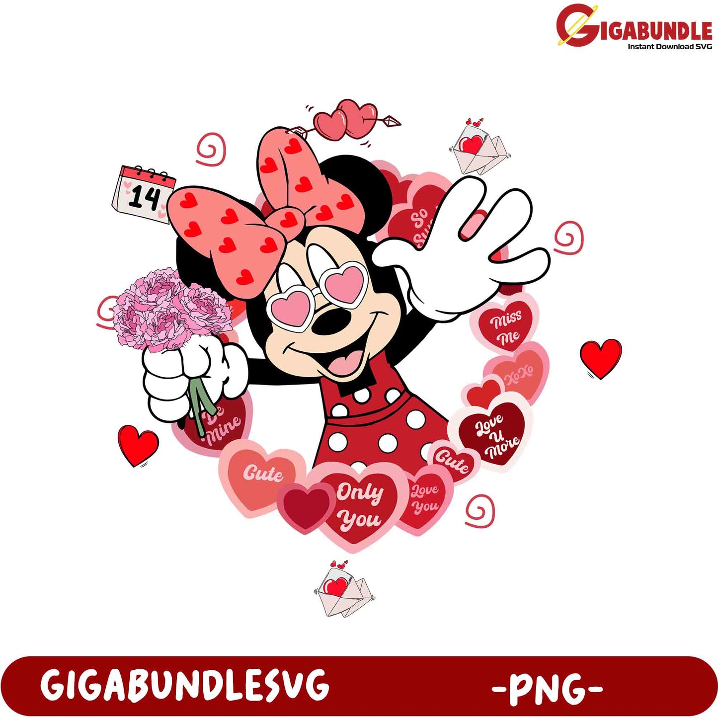 Minnie Mouse Valentine's Day PNG Cute Hearts and Flowers Design