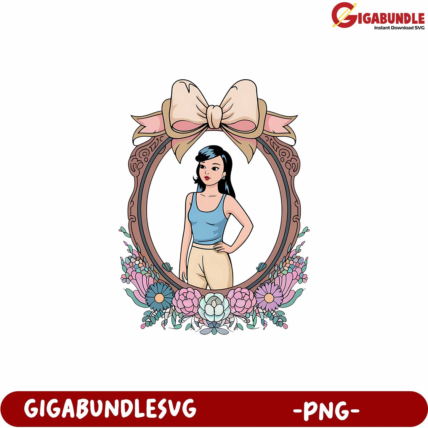 Modern Floral Frame Girl PNG Artwork for Digital Projects