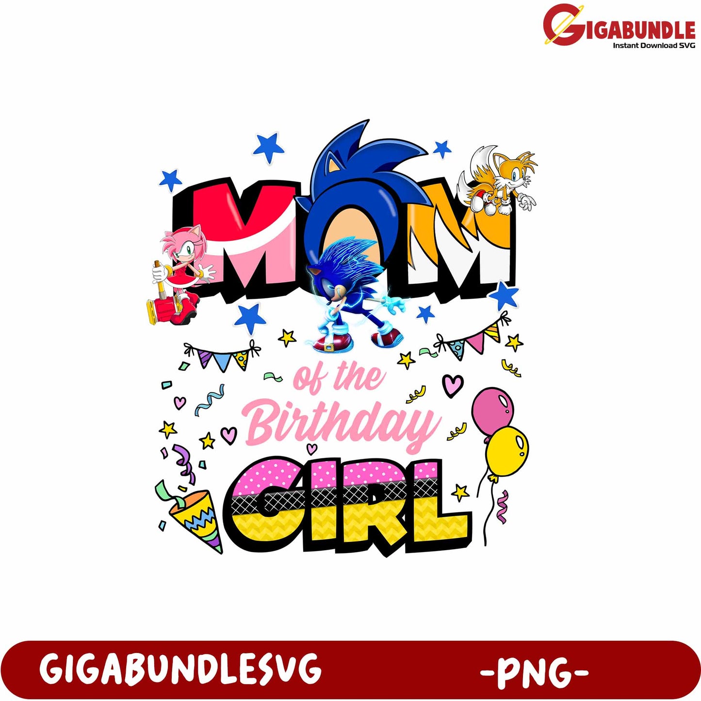 Mom of the Birthday Girl Colorful PNG Graphic with Sonic and Friends