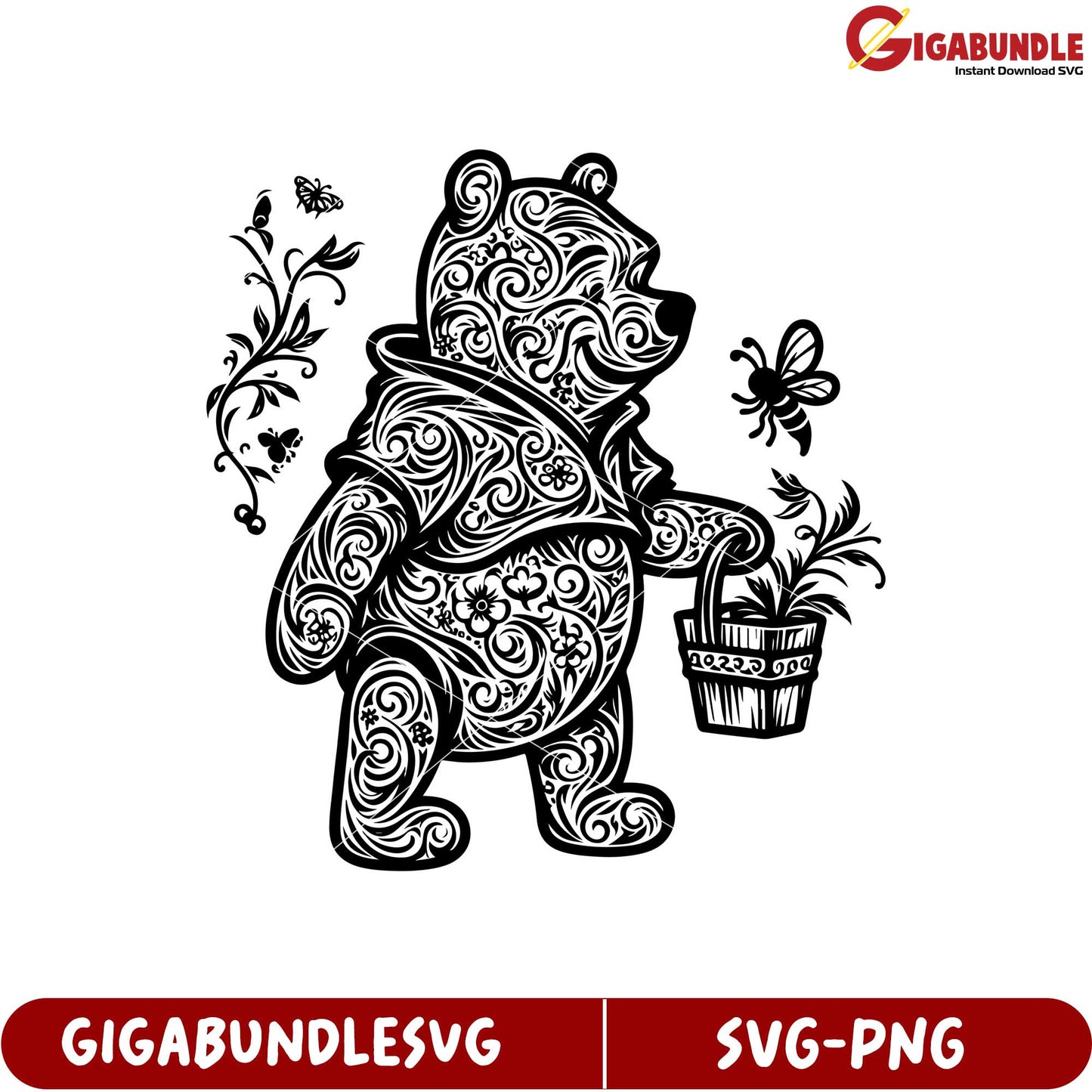 Ornate Bear Holding Flower Pot SVG Artwork for Crafting Projects