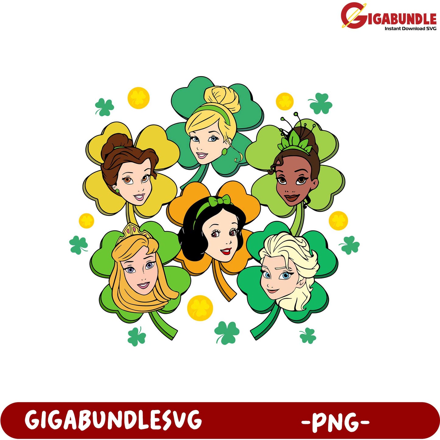 Princess Faces in Shamrocks PNG Fun St. Patrick's Day Art
