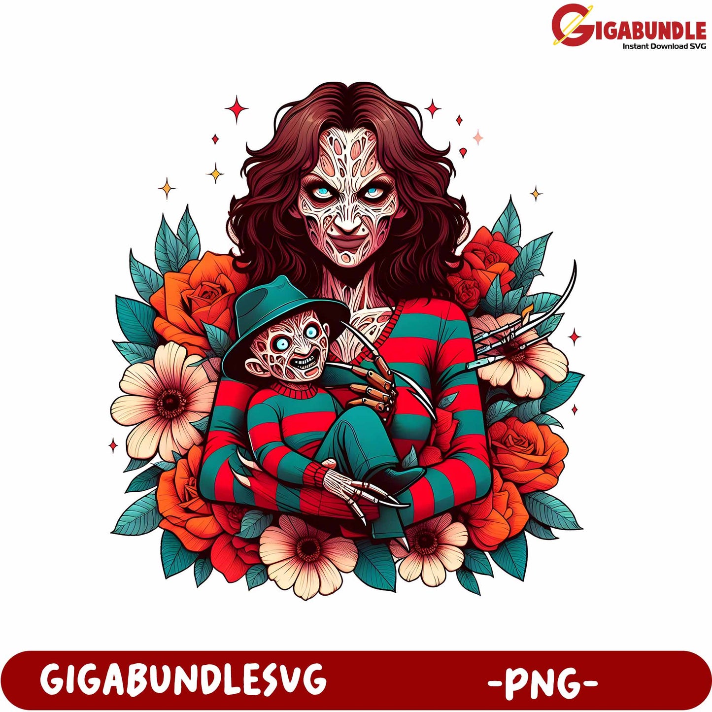 Spooky Horror Art PNG Featuring Creepy Characters and Flowers