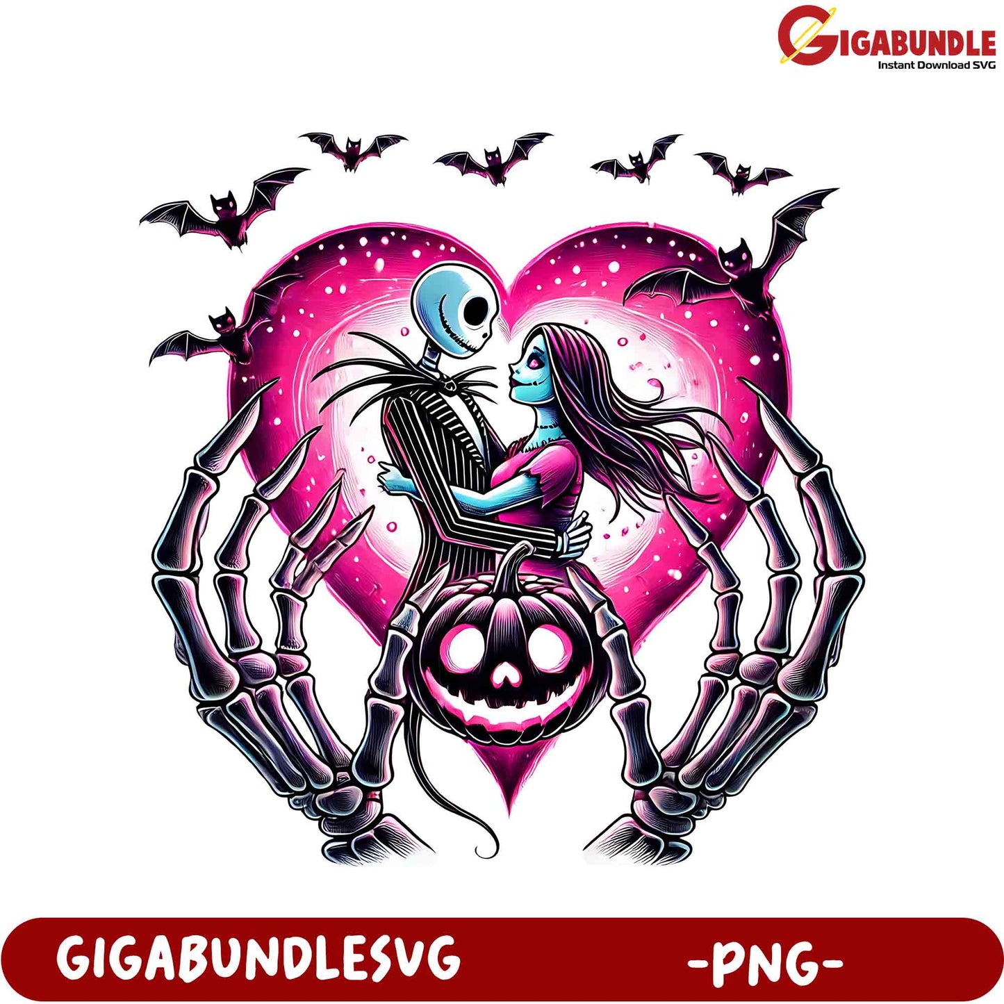 Spooky Love Halloween Skeleton Couple in Heart - PNG Graphic Design
