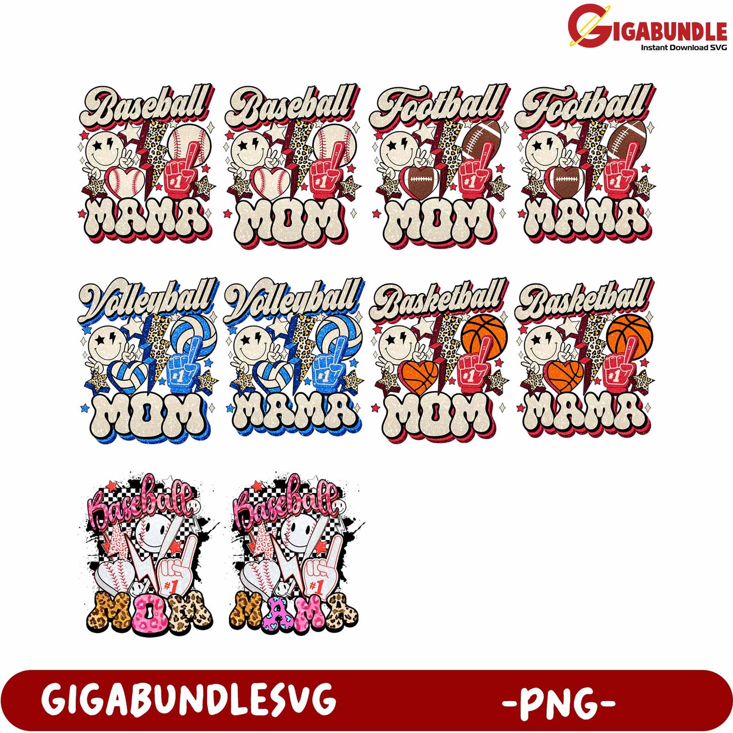Sports Mom Designs Collection for Baseball Football Basketball Volleyball PNG
