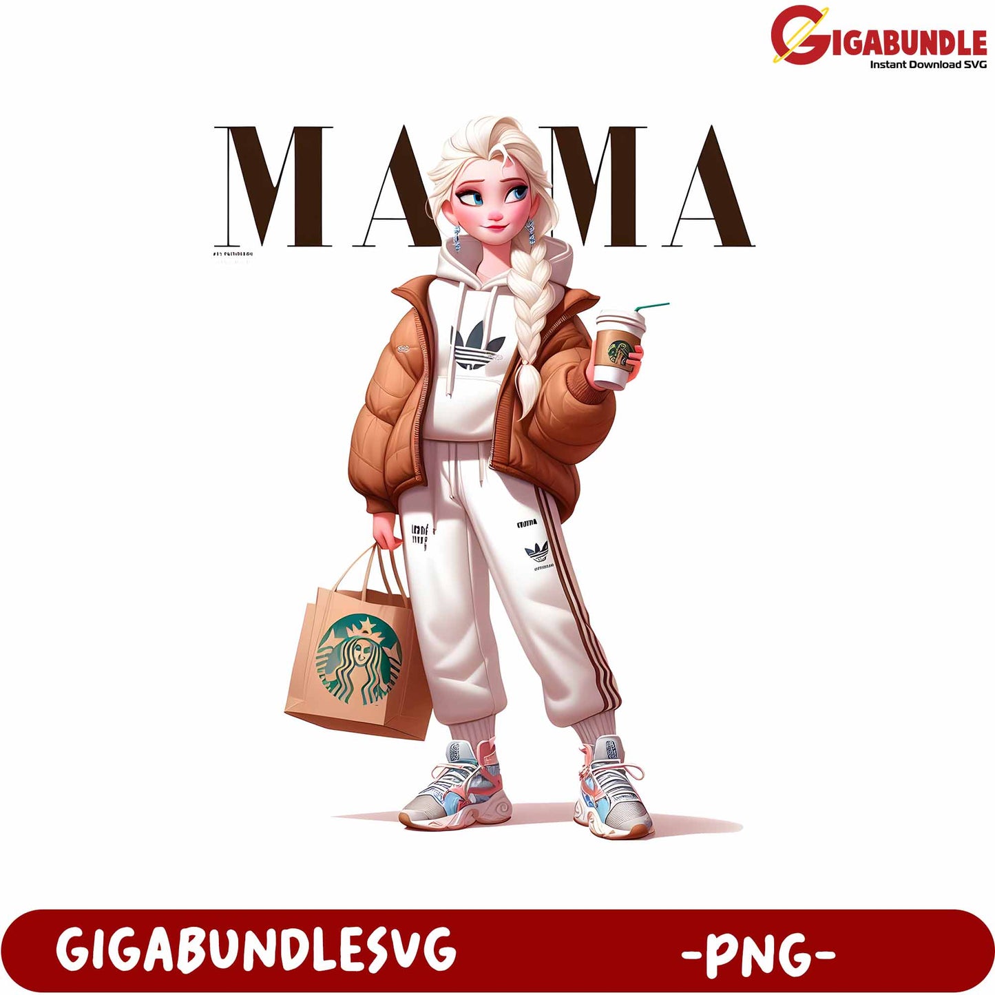 Stylish Mama Character PNG with Coffee and Shopping Bag Art