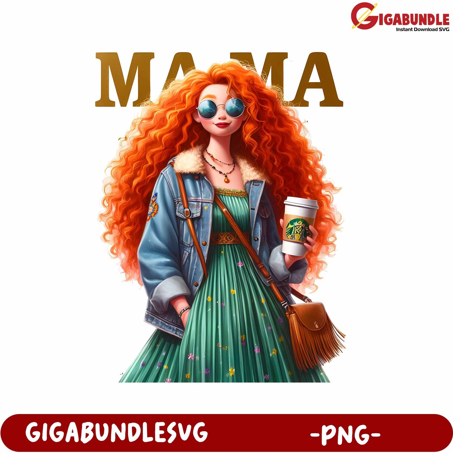 Stylish Mama Graphic PNG with Colorful Hair and Fashionable Outfit