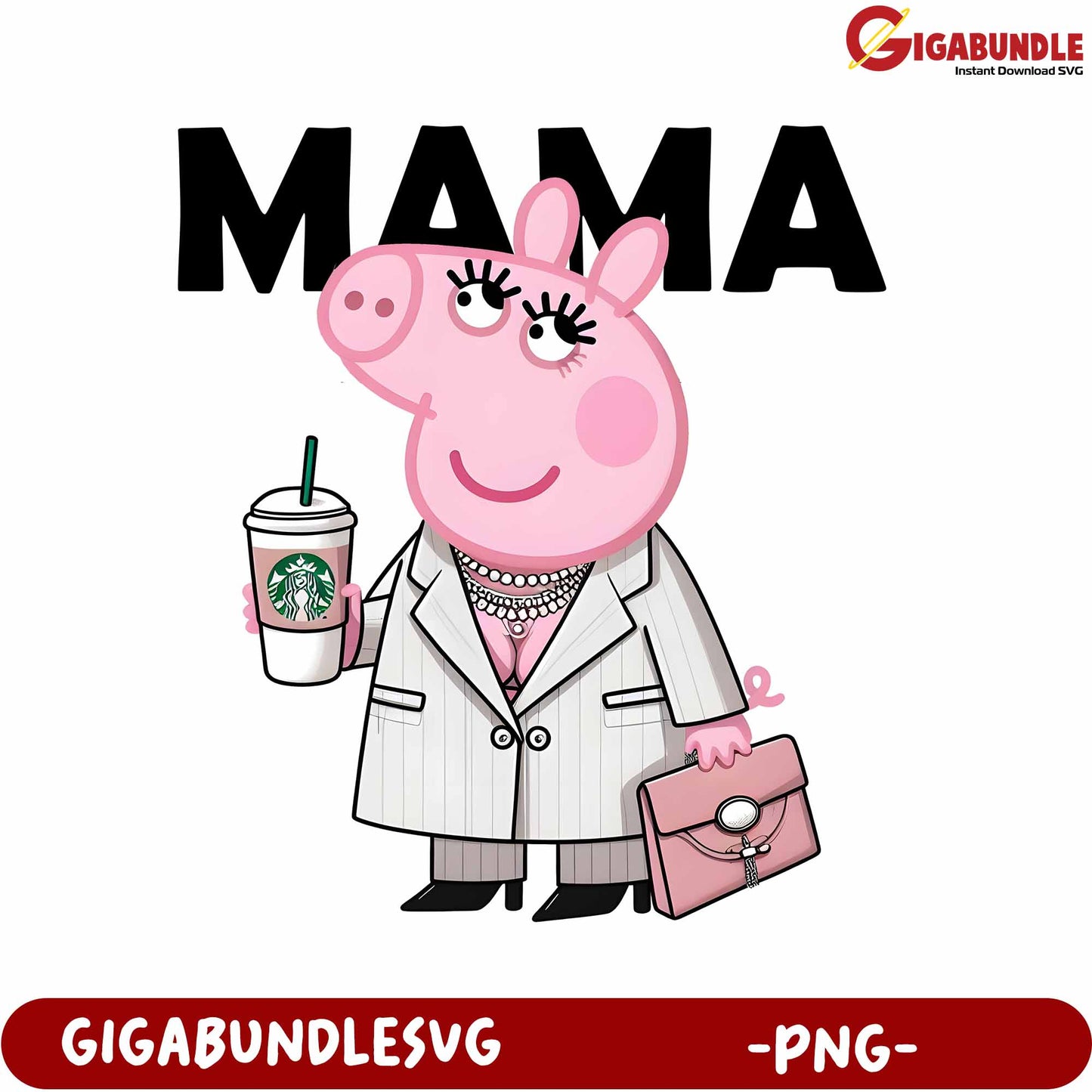 Stylish Mama Pig PNG with Coffee for Fun Designs