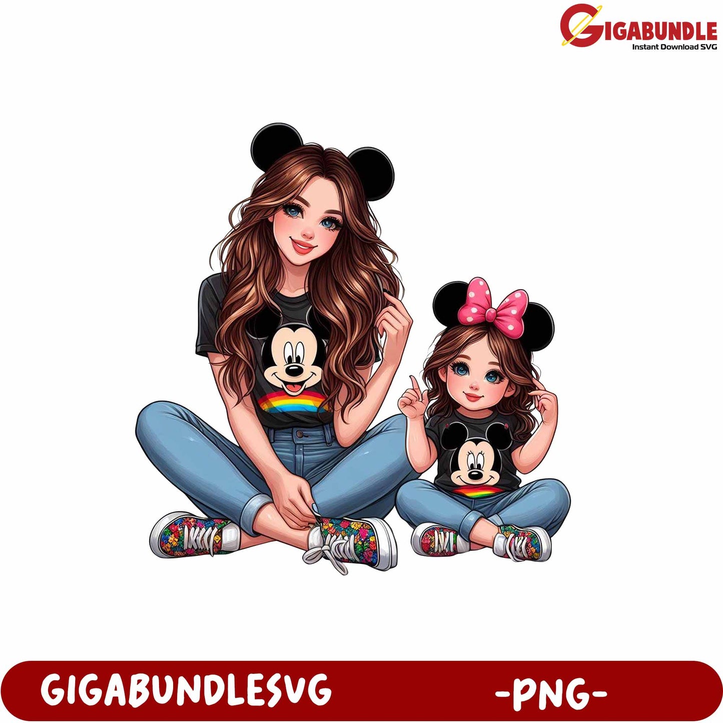 Stylish Mother Daughter Mickey Mouse PNG Graphic for Family Fashion