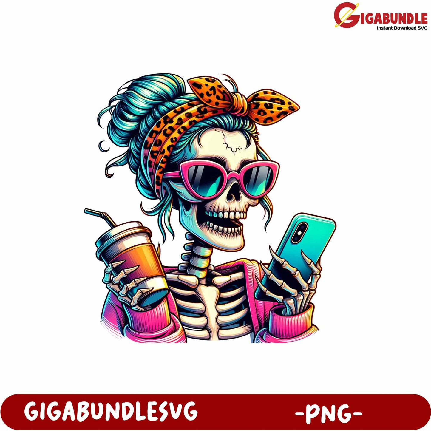 Stylish Skeleton Girl Holding Phone and Drink PNG Graphic Design Art