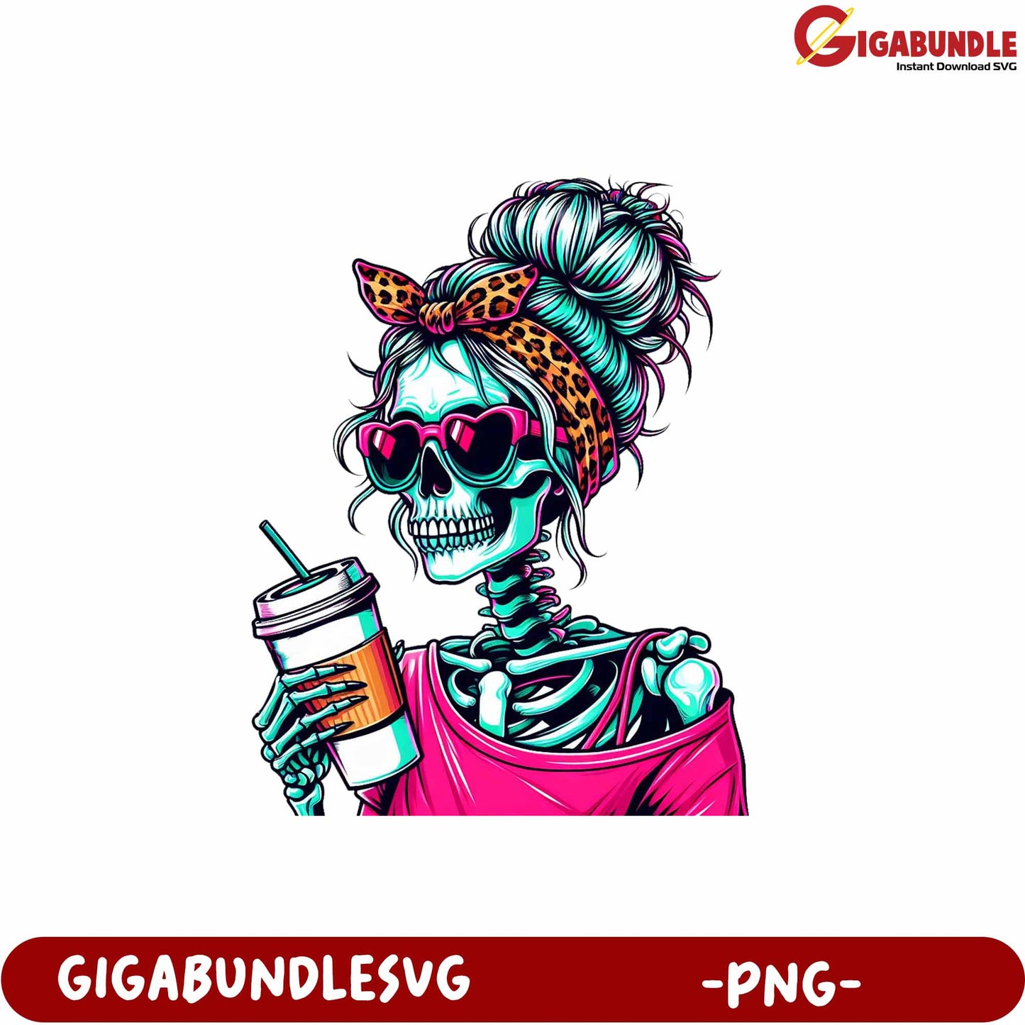 Stylish Skeleton Woman with Coffee PNG Retro Art Print for Decor