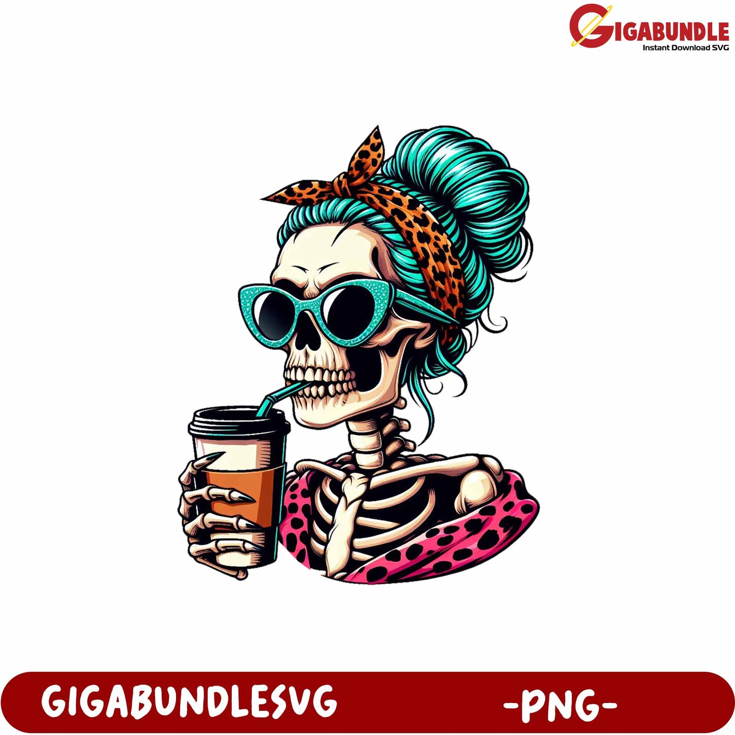 Stylish Skeleton with Drink in Sunglasses PNG Graphic Art Design