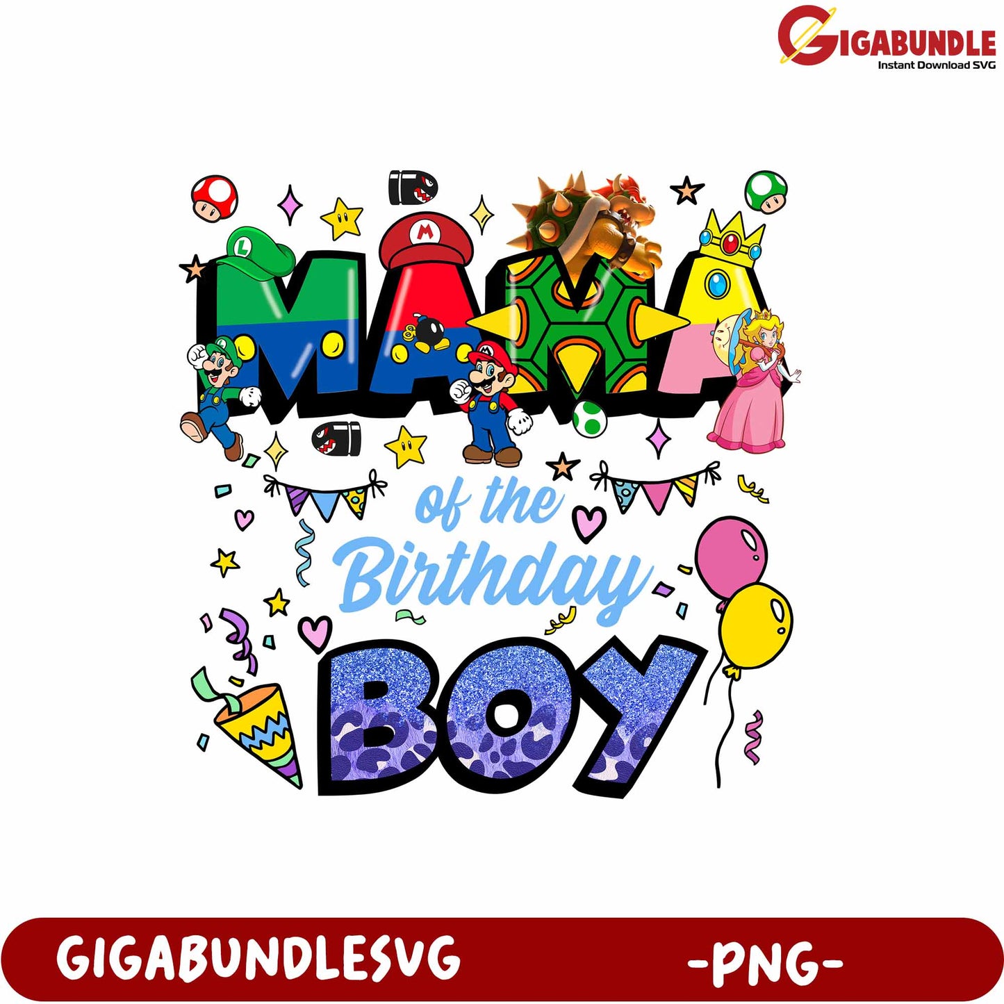 Super Mario Birthday Boy PNG Design for Kids Celebration Party