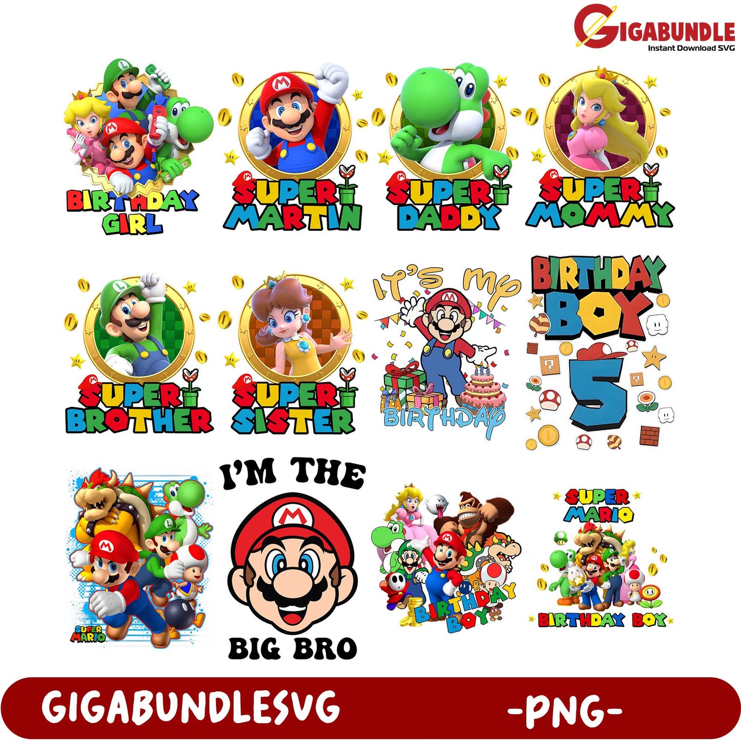 Super Mario Birthday Themed PNG Bundle for Kids' Celebrations