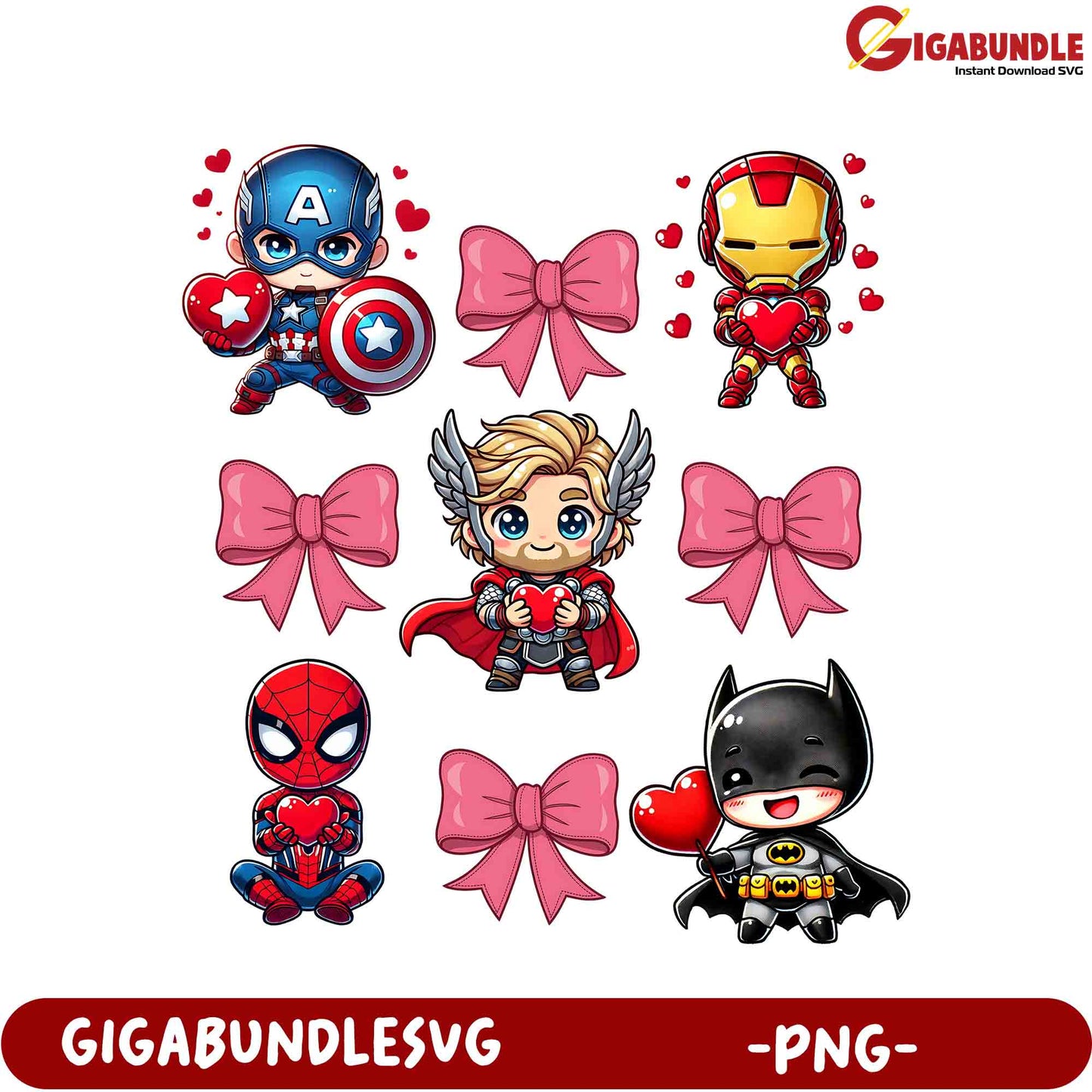 Superhero Valentine Clipart Cute PNG Designs with Hearts & Bows