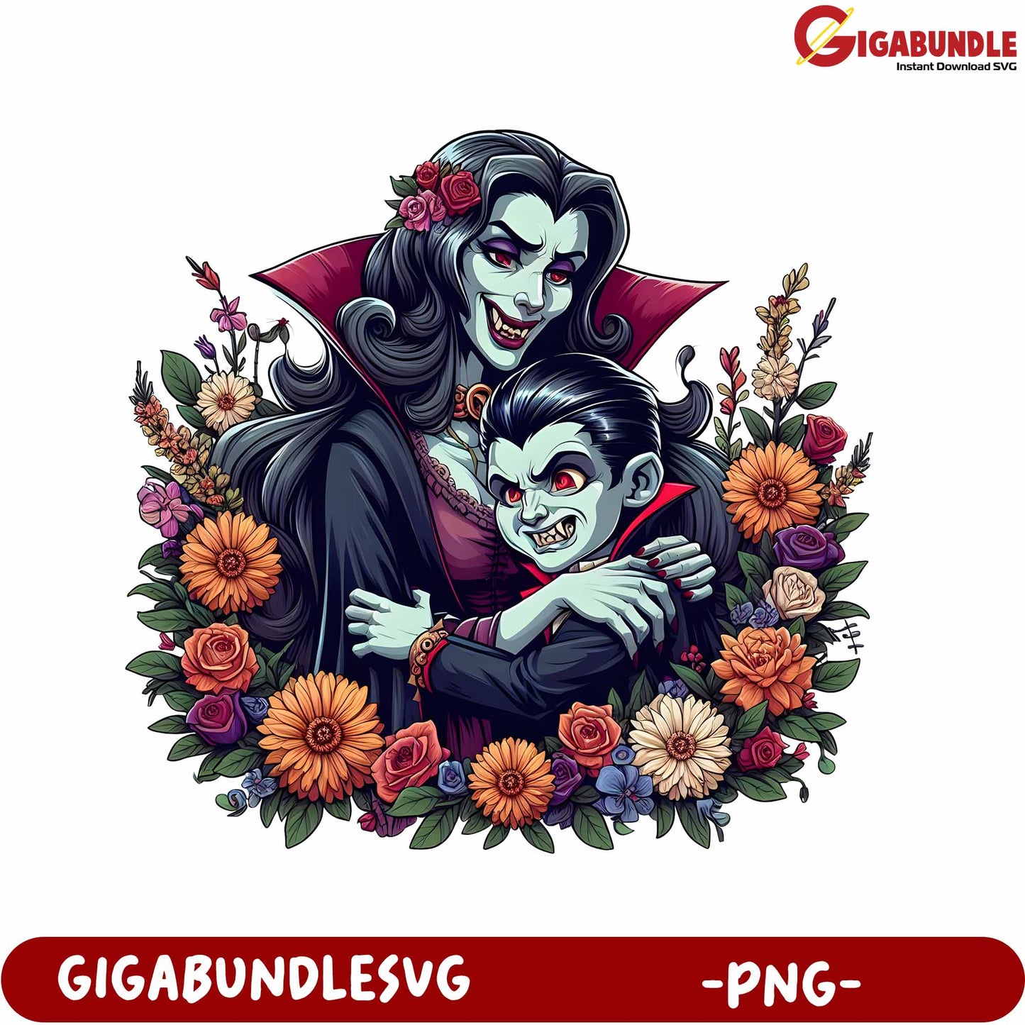 Vampire Family Portrait Floral Art Design PNG Download