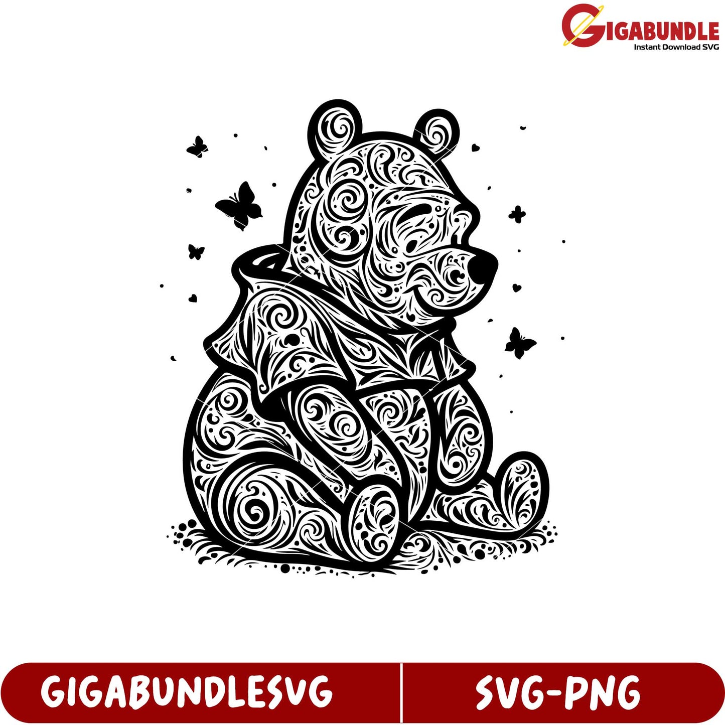 Whimsical Bear SVG Artwork with Swirls and Butterflies Design