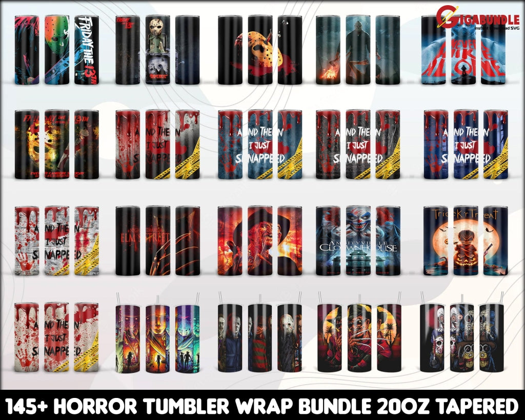 Bundle +145 Horror Tumbler Wrap 20Oz Tapered- Movie Template-Halloween Seamless Sublimation