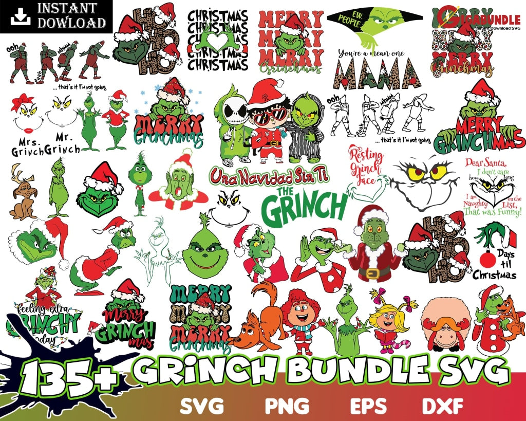 Grinch SVG Files Bundle for Cricut, Silhouette, Grinch Face SVG, Grinc