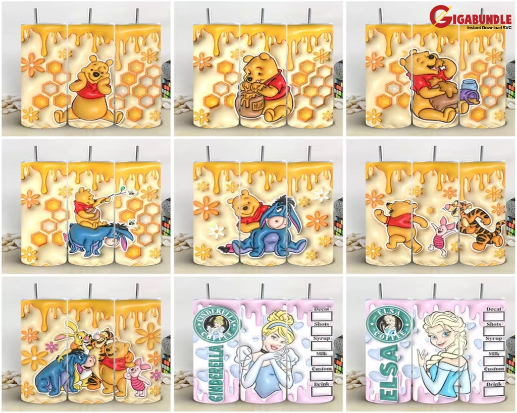 Mega 50+ Bundle 3D Cartoon Tumbler Wrap Png Design Skinny Sublimation Style Inflated Instant