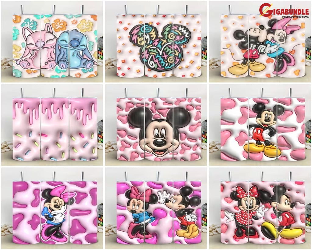 Mega 50+ Bundle 3D Cartoon Tumbler Wrap Png Design Skinny Sublimation Style Inflated Instant