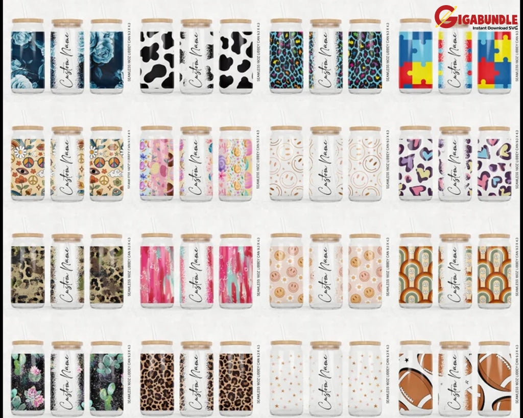 Mega Bundle 16Oz Libbey Glass Can Tumbler Seamless Sublimation Designs Wrap Png Template Png