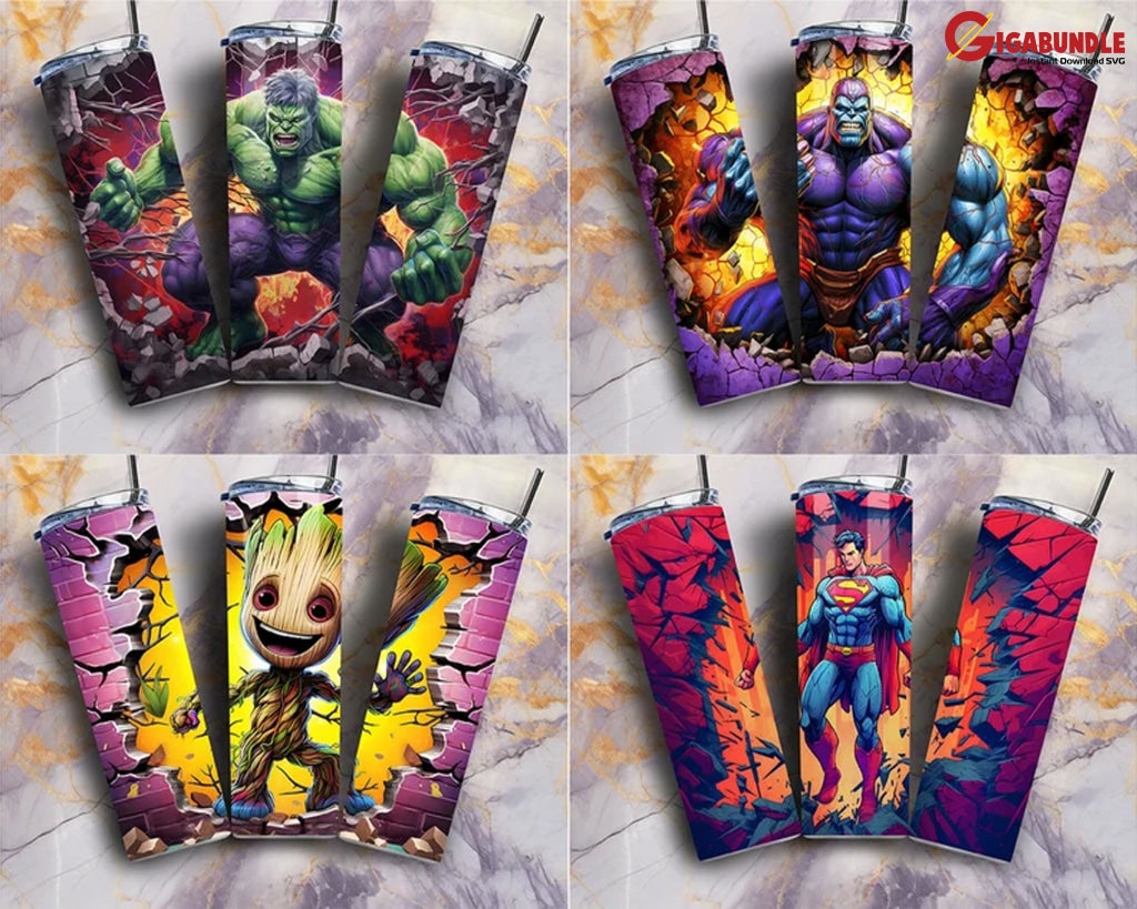 New 14 Designs Hero 3D Skinny Tumbler 20Oz Bundle Png Sublimation Design Straight & Tapered Instant