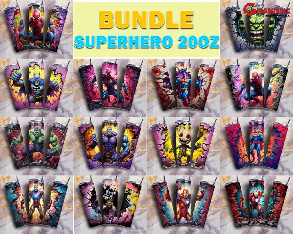 New 14 Designs Hero 3D Skinny Tumbler 20Oz Bundle Png Sublimation Design Straight & Tapered Instant