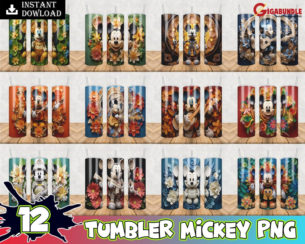 New 3D Mickey Mouse Floral Cartoon Character Sublimation Tumbler Design Download Png 20 Oz Digital